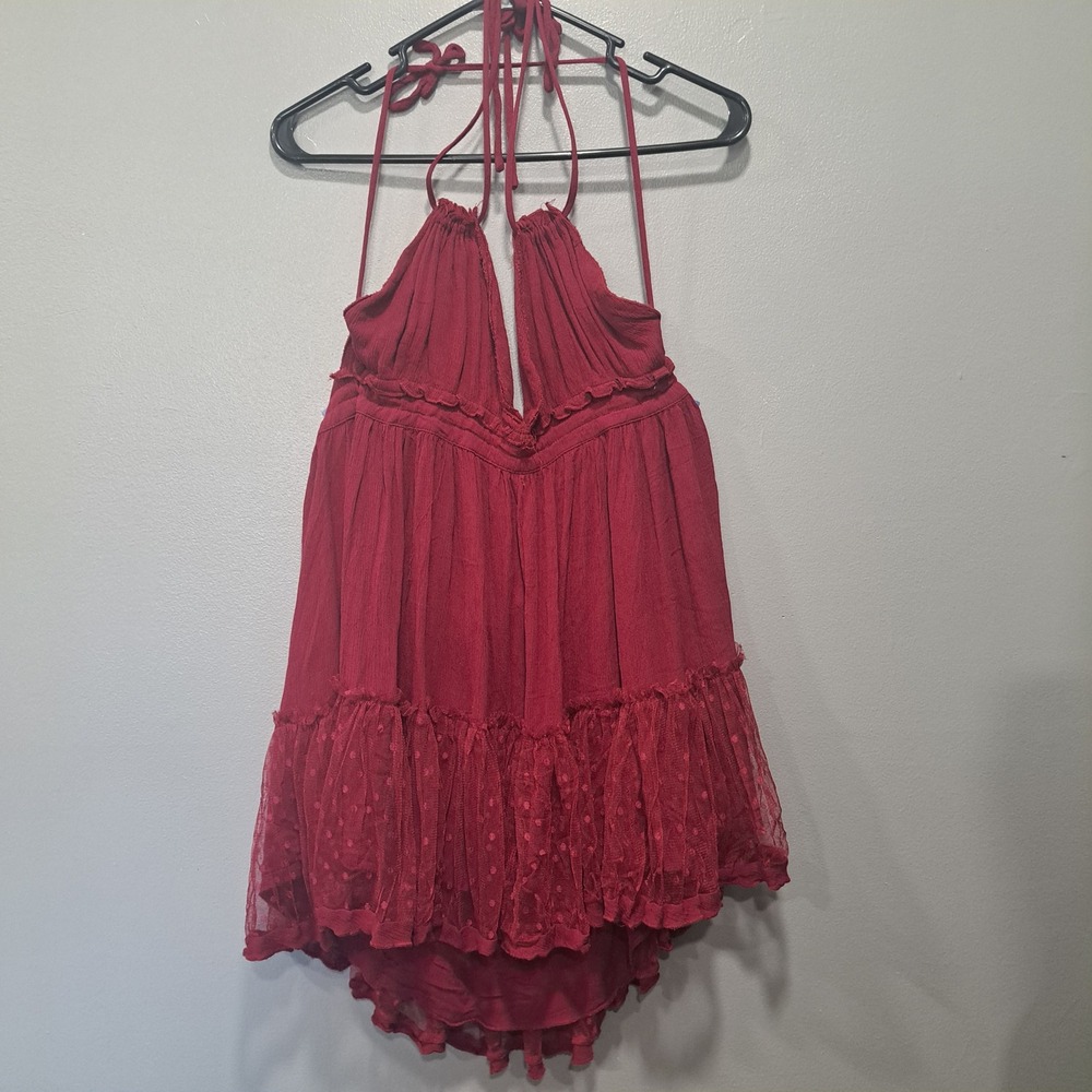 R.Vivimos LARGE Burgundy Boho Halter Mini Dress Polka Dot‎ Mesh 009057018
